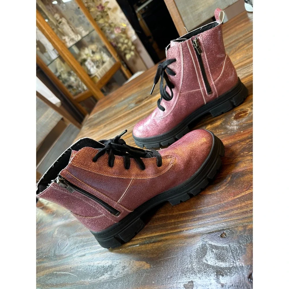 UGG Ashton Glitter Rose Pink Ankle‎ Boots Lace Up Zip Lug Sole 1151571K Kids 6